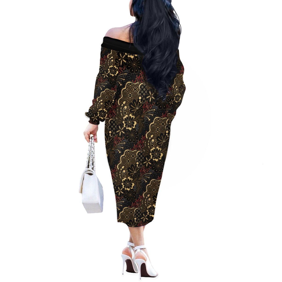 Batik Sekar Jagad Off The Shoulder Long Sleeve Dress Indonesian Traditional Pattern