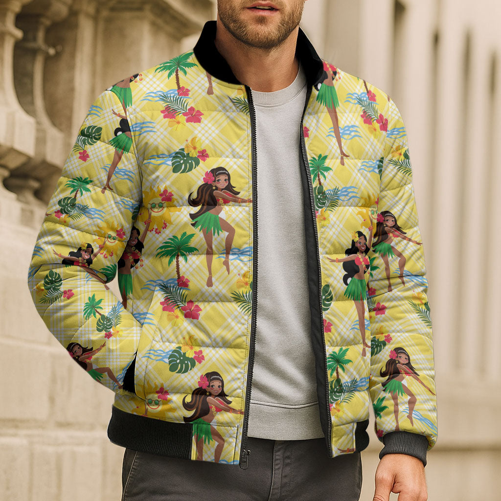 Hawaii Hula Girl Tropical Bomber Puffer Jacket Yellow Palaka