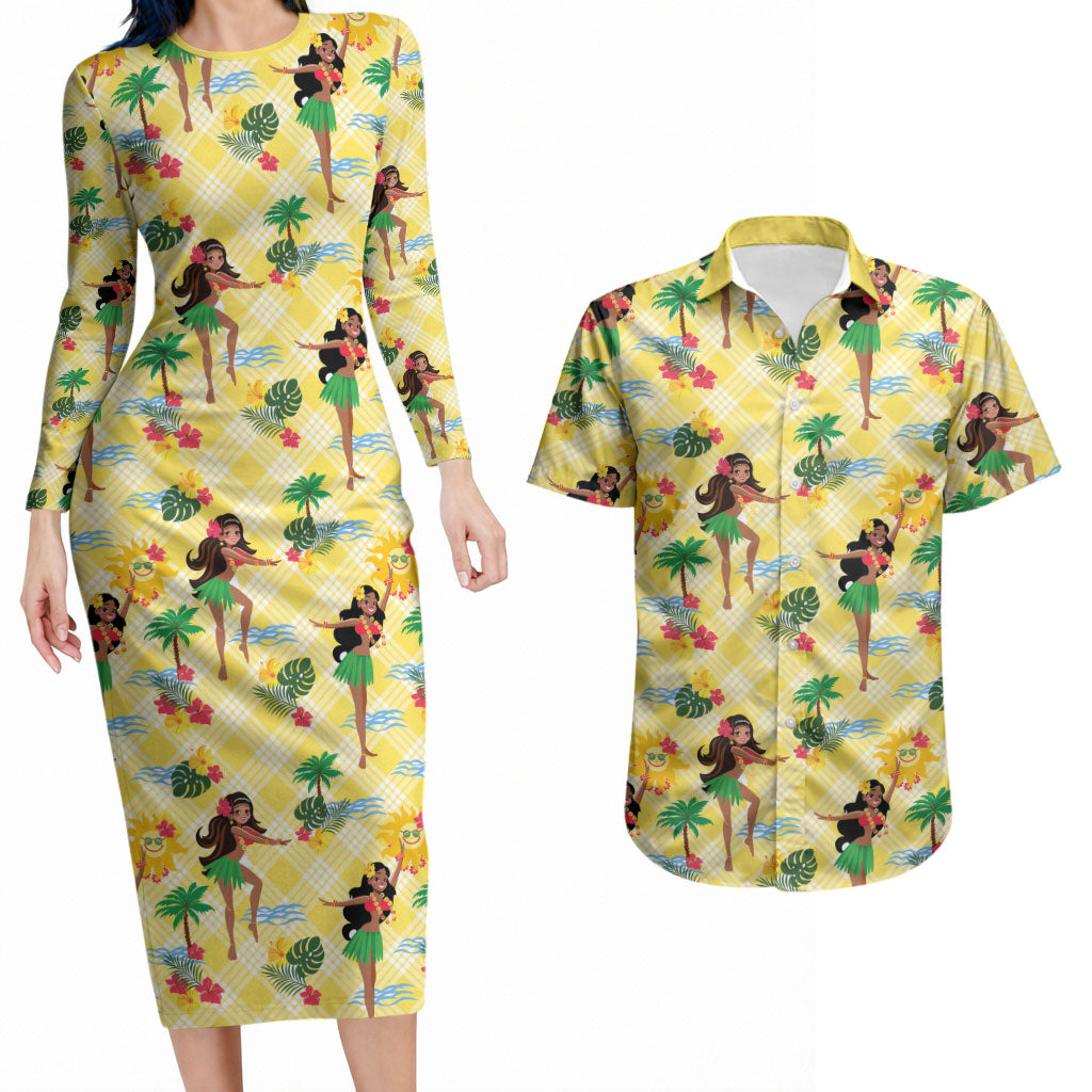 Hawaii Hula Girl Tropical Couples Matching Long Sleeve Bodycon Dress and Hawaiian Shirt Yellow Palaka LT01 Yellow - Polynesian Pride