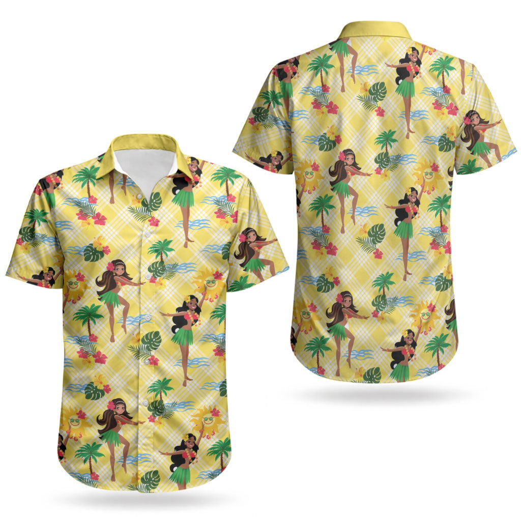 Hawaii Hula Girl Tropical Couples Matching Off Shoulder Maxi Dress and Hawaiian Shirt Yellow Palaka LT01 - Polynesian Pride