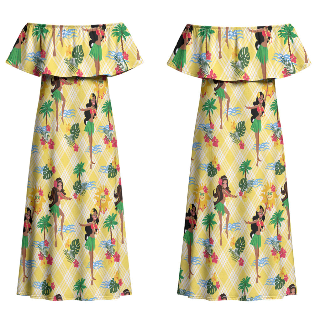 Hawaii Hula Girl Tropical Couples Matching Off Shoulder Maxi Dress and Hawaiian Shirt Yellow Palaka LT01 - Polynesian Pride