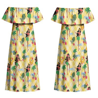 Hawaii Hula Girl Tropical Couples Matching Off Shoulder Maxi Dress and Hawaiian Shirt Yellow Palaka LT01 - Polynesian Pride