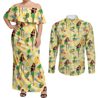 Hawaii Hula Girl Tropical Couples Matching Off Shoulder Maxi Dress and Long Sleeve Button Shirt Yellow Palaka