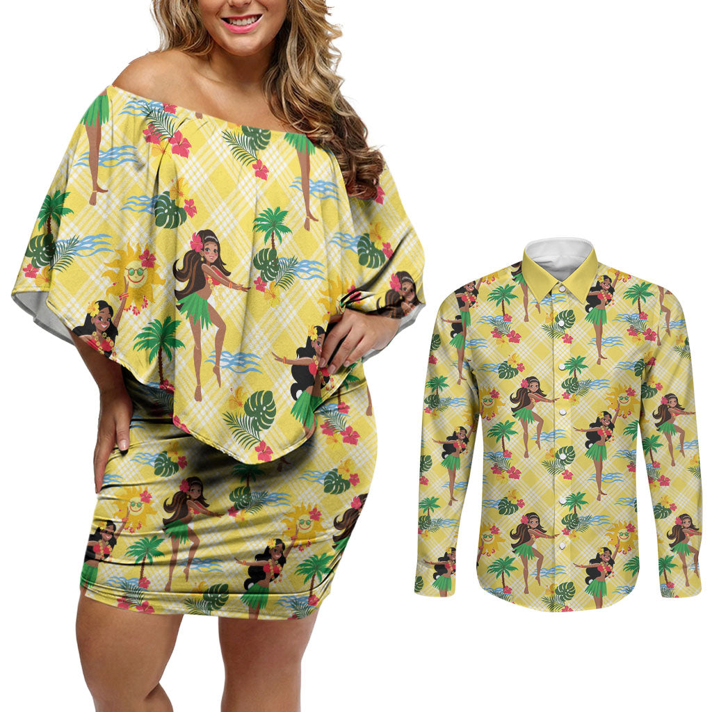 Hawaii Hula Girl Tropical Couples Matching Off Shoulder Short Dress and Long Sleeve Button Shirt Yellow Palaka