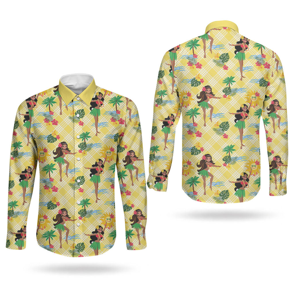 Hawaii Hula Girl Tropical Couples Matching Off Shoulder Short Dress and Long Sleeve Button Shirt Yellow Palaka