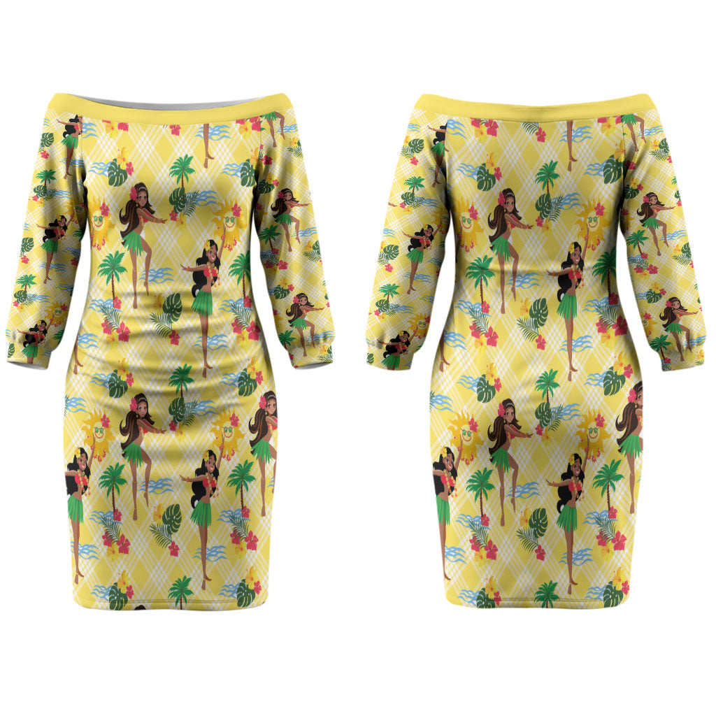 Hawaii Hula Girl Tropical Couples Matching Off The Shoulder Long Sleeve Dress and Long Sleeve Button Shirt Yellow Palaka