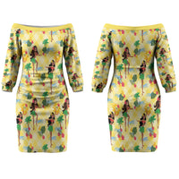 Hawaii Hula Girl Tropical Couples Matching Off The Shoulder Long Sleeve Dress and Long Sleeve Button Shirt Yellow Palaka