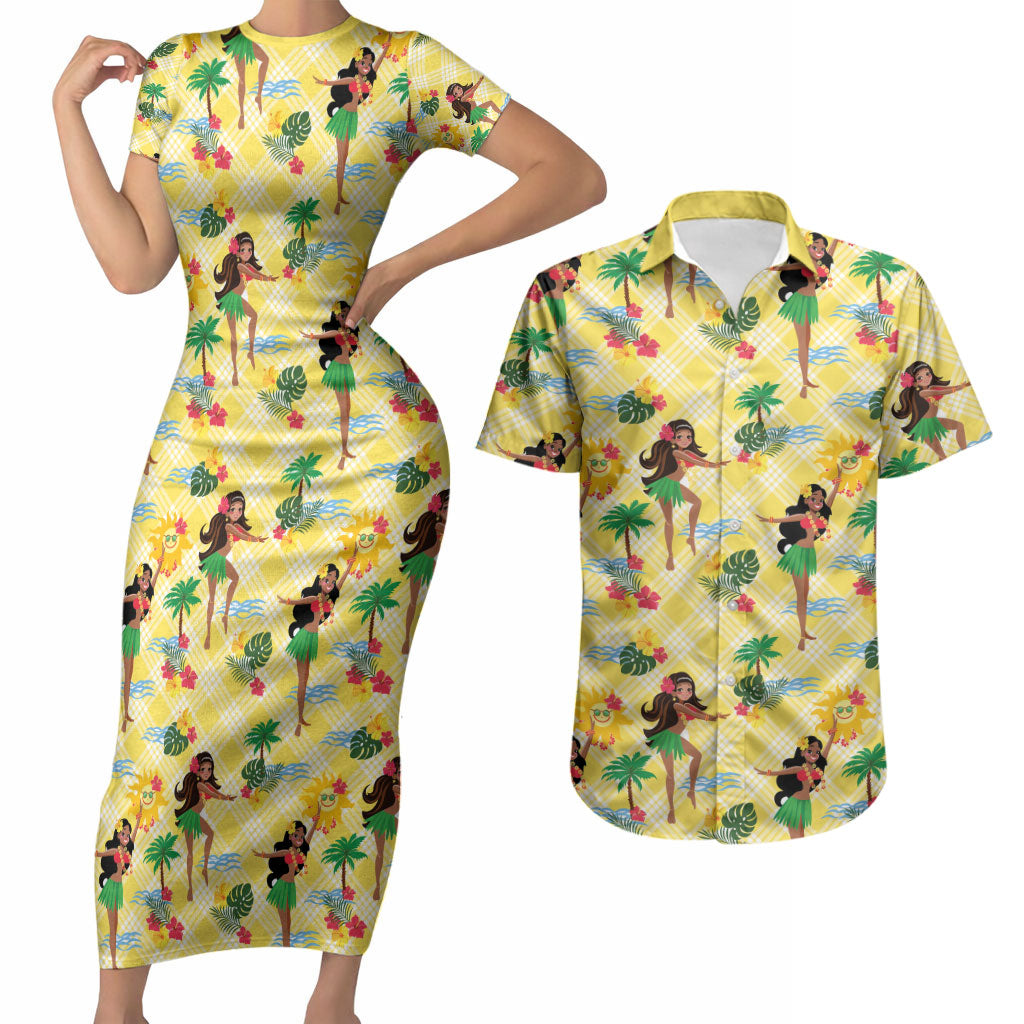 Hawaii Hula Girl Tropical Couples Matching Short Sleeve Bodycon Dress and Hawaiian Shirt Yellow Palaka LT01 Yellow - Polynesian Pride