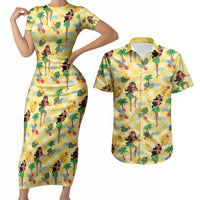 Hawaii Hula Girl Tropical Couples Matching Short Sleeve Bodycon Dress and Hawaiian Shirt Yellow Palaka LT01 Yellow - Polynesian Pride