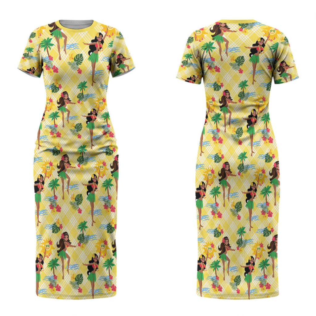 Hawaii Hula Girl Tropical Couples Matching Short Sleeve Bodycon Dress and Hawaiian Shirt Yellow Palaka LT01 - Polynesian Pride