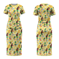 Hawaii Hula Girl Tropical Couples Matching Short Sleeve Bodycon Dress and Hawaiian Shirt Yellow Palaka LT01 - Polynesian Pride