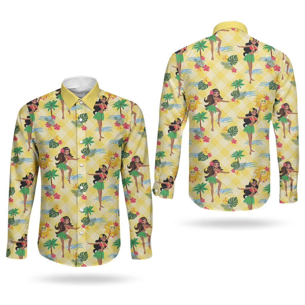 Hawaii Hula Girl Tropical Couples Matching Short Sleeve Bodycon Dress and Long Sleeve Button Shirt Yellow Palaka LT01 - Polynesian Pride