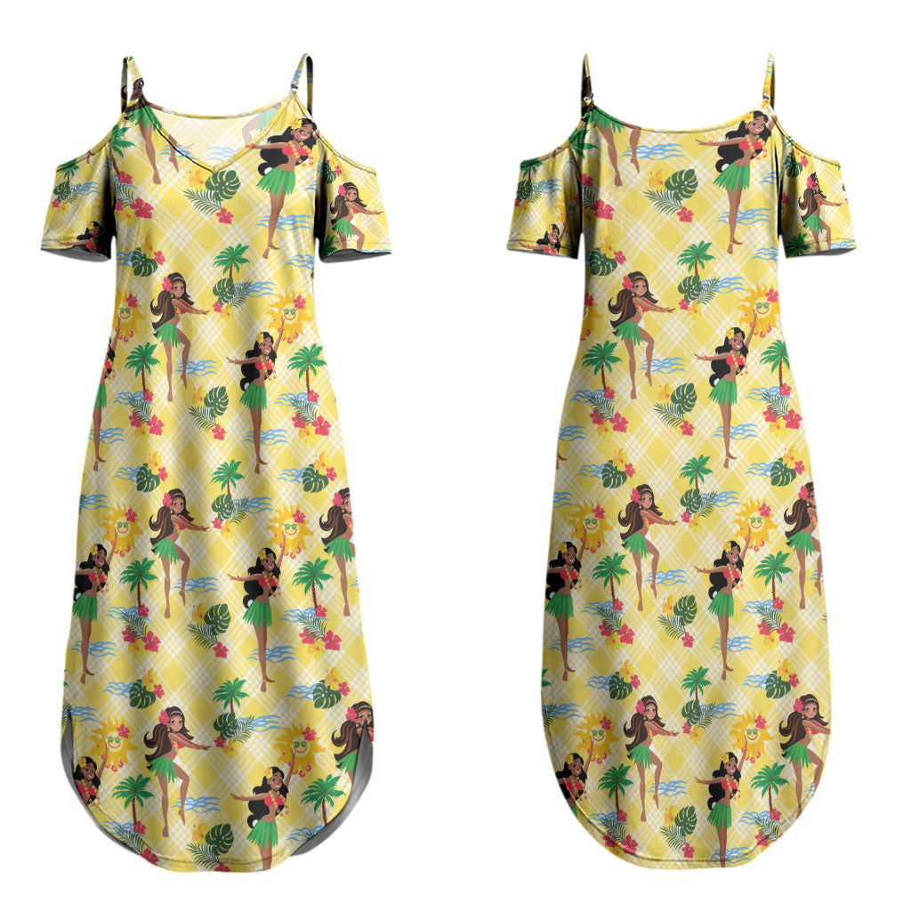 Hawaii Hula Girl Tropical Couples Matching Summer Maxi Dress and Hawaiian Shirt Yellow Palaka LT01 - Polynesian Pride