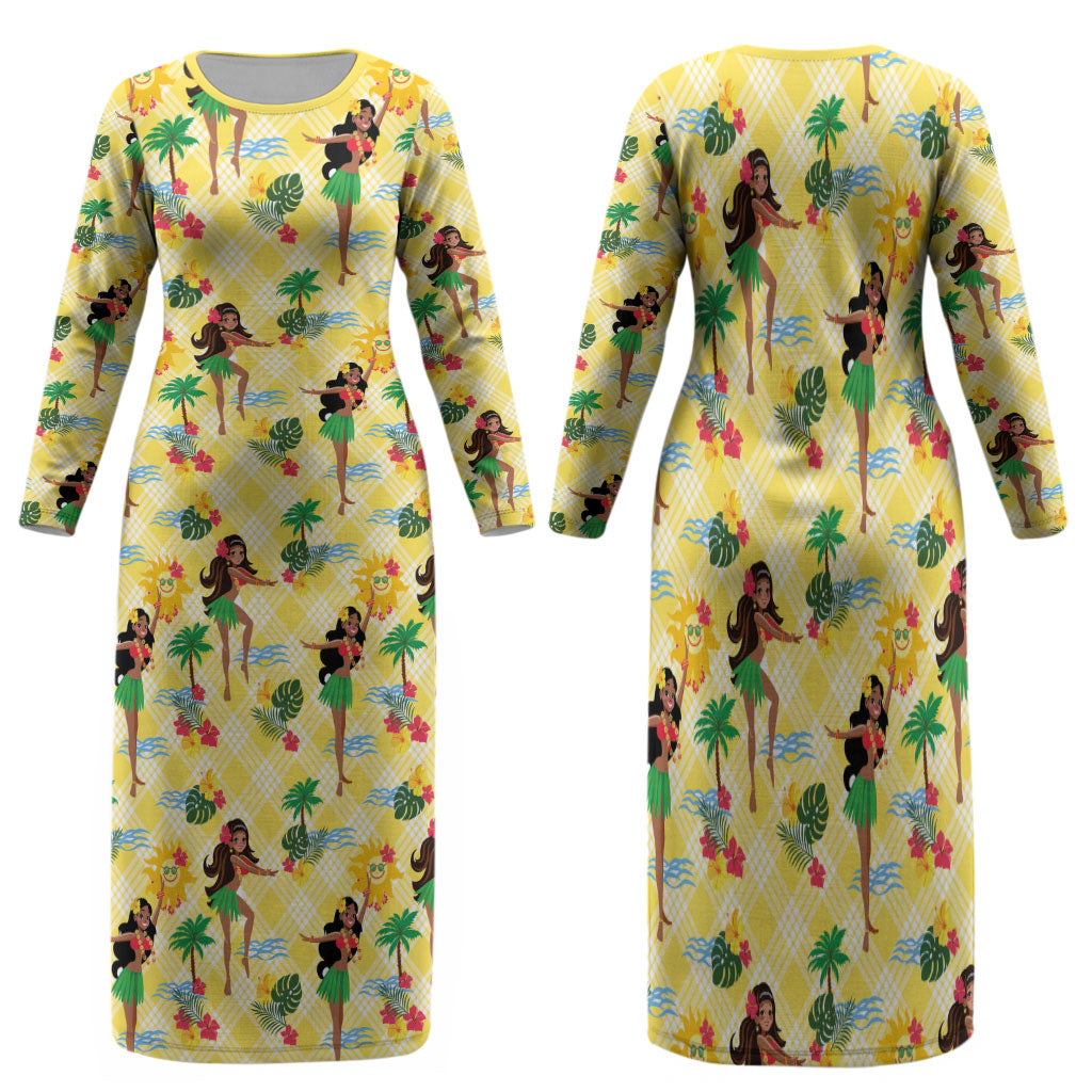 Hawaii Hula Girl Tropical Family Matching Long Sleeve Bodycon Dress and Hawaiian Shirt Yellow Palaka LT01 Mom's Dress Yellow - Polynesian Pride