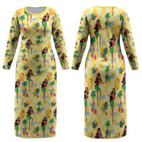 Hawaii Hula Girl Tropical Family Matching Long Sleeve Bodycon Dress and Hawaiian Shirt Yellow Palaka LT01 Mom's Dress Yellow - Polynesian Pride