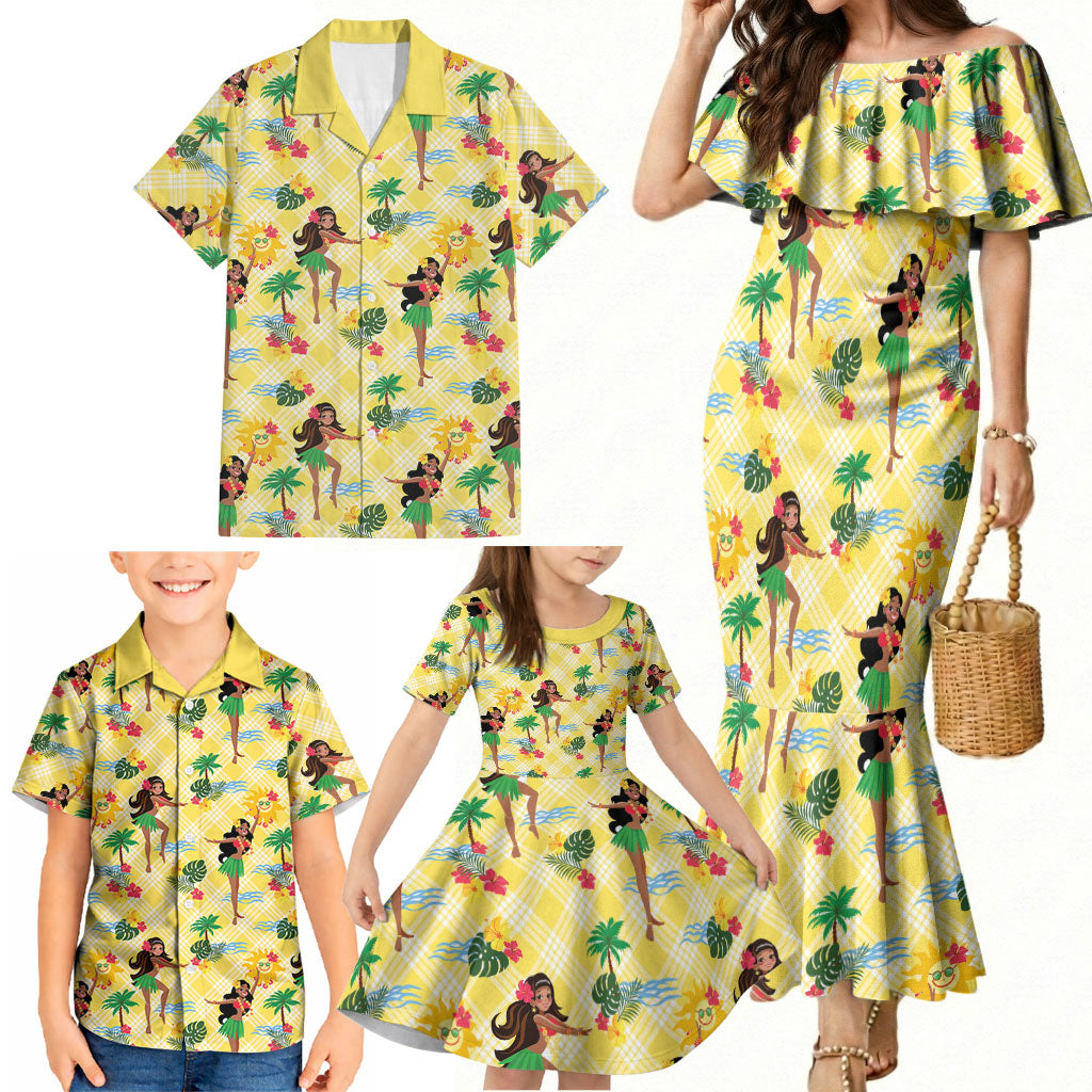 Hawaii Hula Girl Tropical Family Matching Mermaid Dress and Hawaiian Shirt Yellow Palaka LT01 - Polynesian Pride