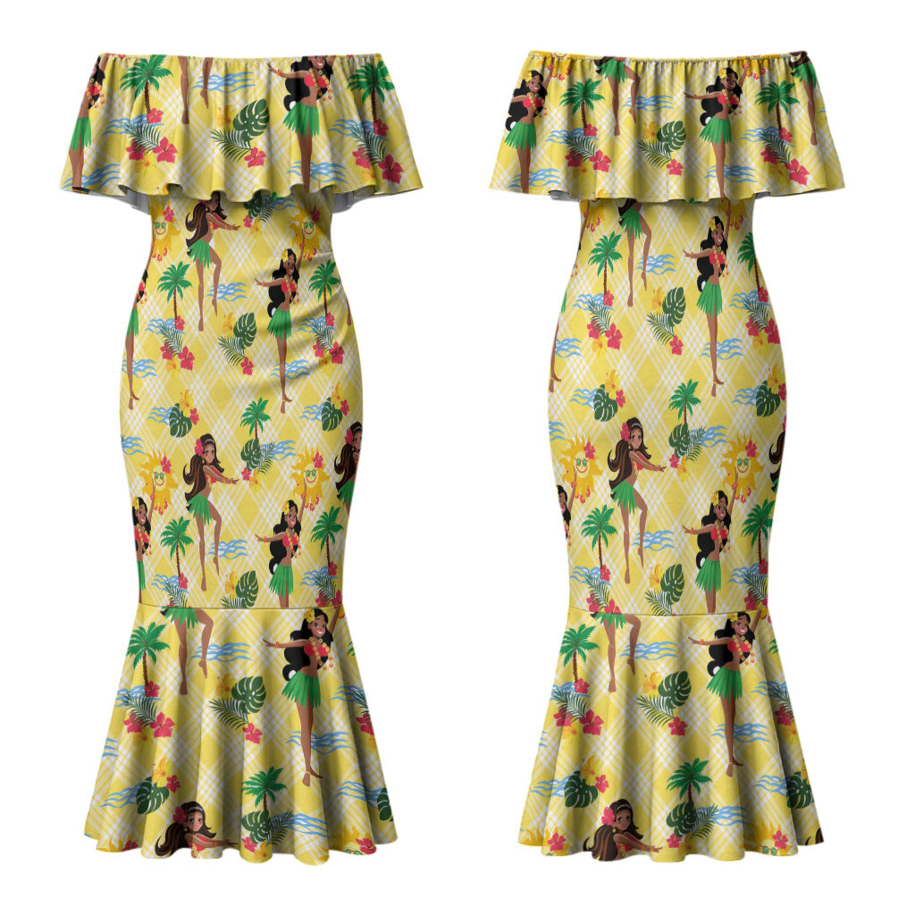 Hawaii Hula Girl Tropical Family Matching Mermaid Dress and Hawaiian Shirt Yellow Palaka LT01 Mom's Dress Yellow - Polynesian Pride