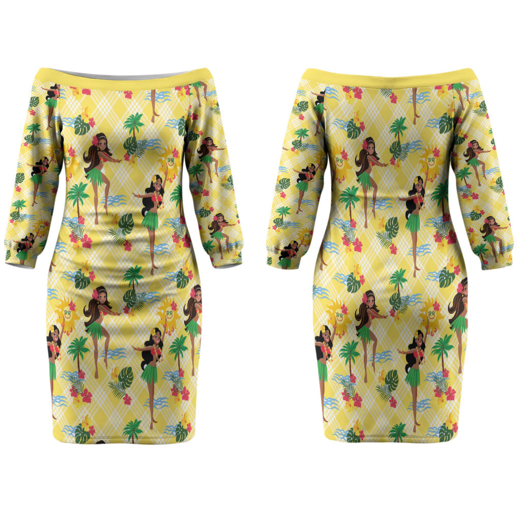 Hawaii Hula Girl Tropical Family Matching Off The Shoulder Long Sleeve Dress and Hawaiian Shirt Yellow Palaka LT01 Mom's Dress Yellow - Polynesian Pride