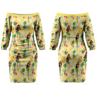 Hawaii Hula Girl Tropical Family Matching Off The Shoulder Long Sleeve Dress and Hawaiian Shirt Yellow Palaka LT01 Mom's Dress Yellow - Polynesian Pride