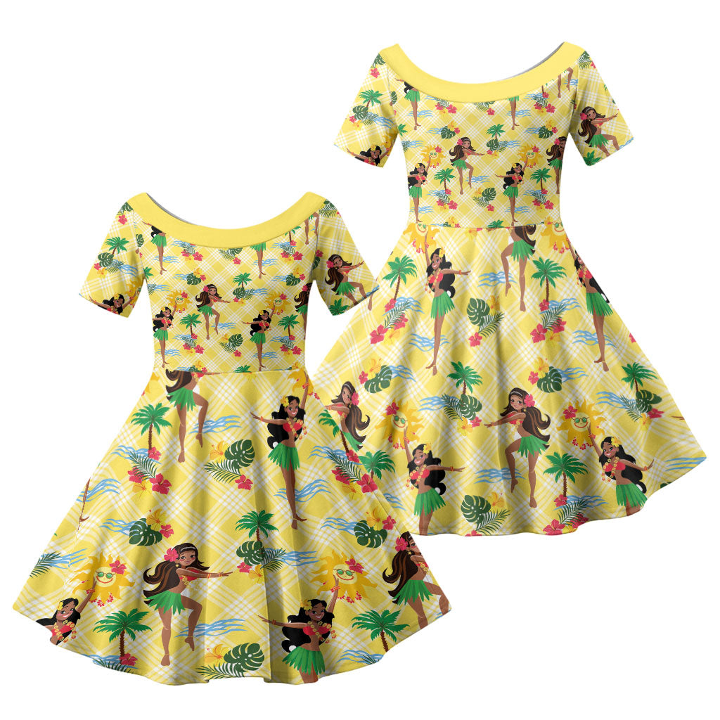 Hawaii Hula Girl Tropical Family Matching Off The Shoulder Long Sleeve Dress and Hawaiian Shirt Yellow Palaka LT01 Daughter's Dress Yellow - Polynesian Pride