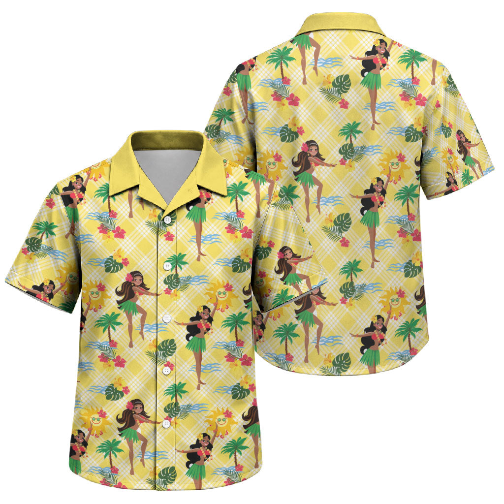 Hawaii Hula Girl Tropical Family Matching Off The Shoulder Long Sleeve Dress and Hawaiian Shirt Yellow Palaka LT01 Son's Shirt Yellow - Polynesian Pride