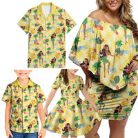 Hawaii Hula Girl Tropical Family Matching Off Shoulder Short Dress and Hawaiian Shirt Yellow Palaka LT01 - Polynesian Pride