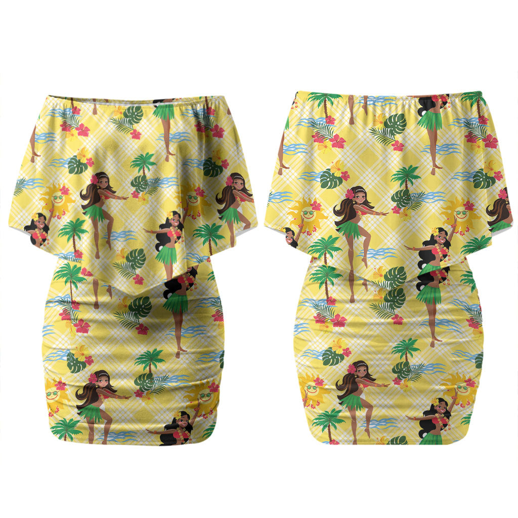 Hawaii Hula Girl Tropical Family Matching Off Shoulder Short Dress and Hawaiian Shirt Yellow Palaka LT01 Mom's Dress Yellow - Polynesian Pride