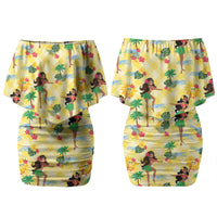 Hawaii Hula Girl Tropical Family Matching Off Shoulder Short Dress and Hawaiian Shirt Yellow Palaka LT01 Mom's Dress Yellow - Polynesian Pride