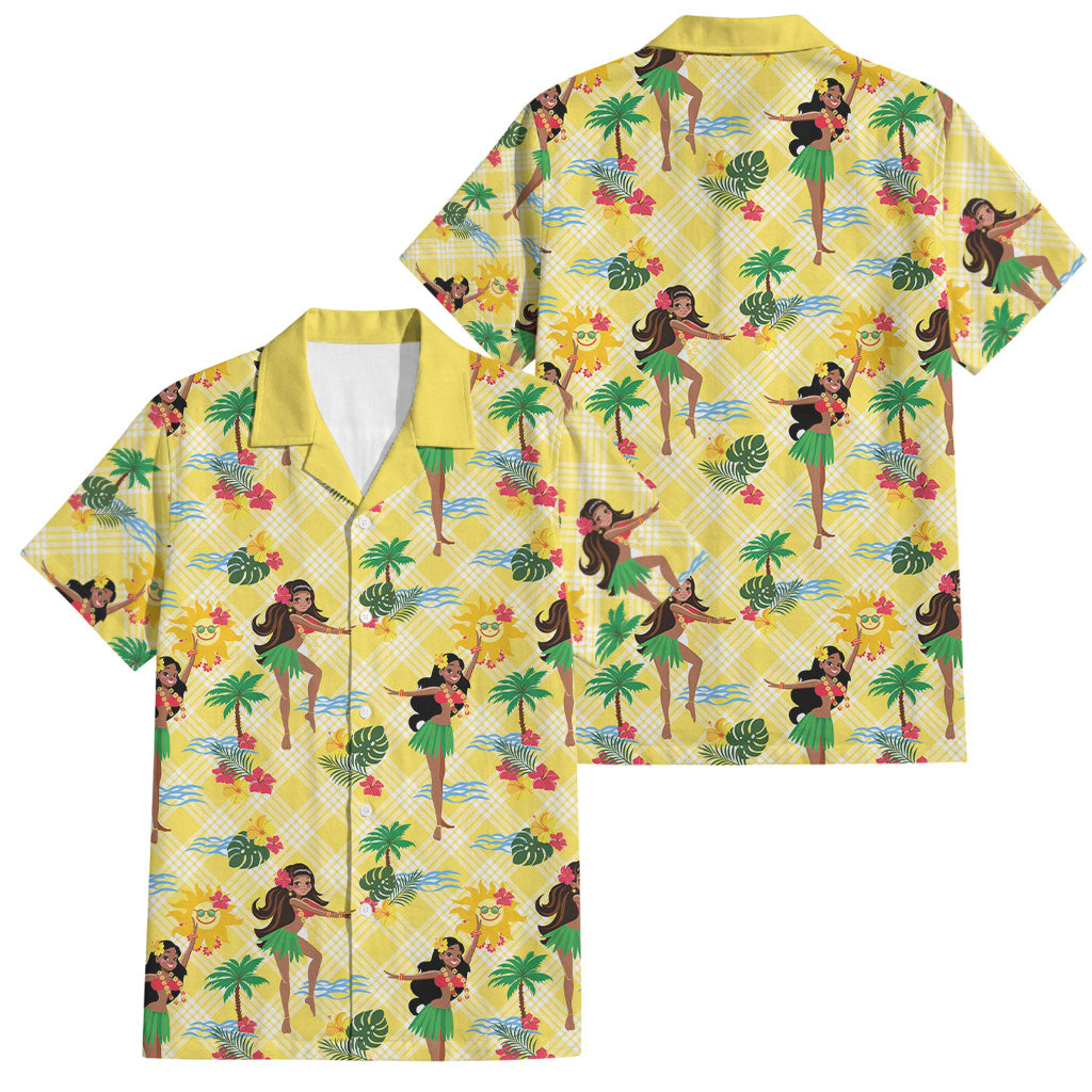 Hawaii Hula Girl Tropical Family Matching Off Shoulder Short Dress and Hawaiian Shirt Yellow Palaka LT01 Dad's Shirt - Short Sleeve Yellow - Polynesian Pride