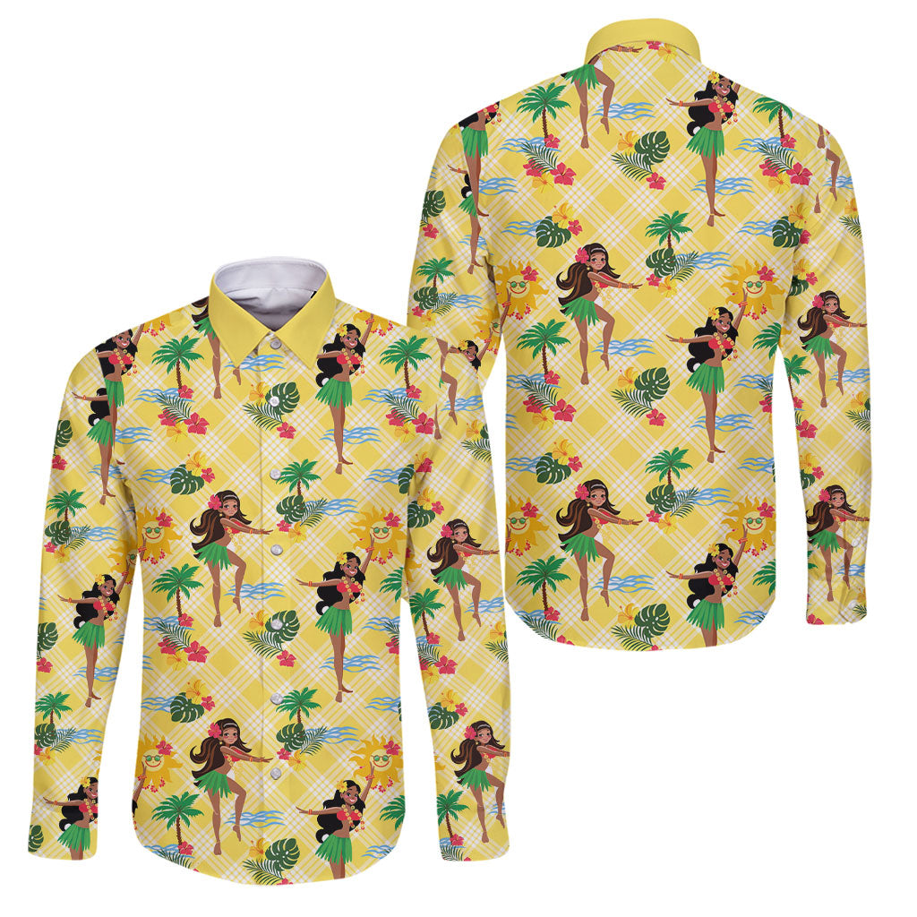 Hawaii Hula Girl Tropical Family Matching Off Shoulder Short Dress and Hawaiian Shirt Yellow Palaka LT01 Dad's Shirt - Long Sleeve Yellow - Polynesian Pride