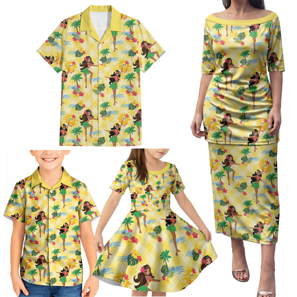 Hawaii Hula Girl Tropical Family Matching Puletasi and Hawaiian Shirt Yellow Palaka LT01 - Polynesian Pride