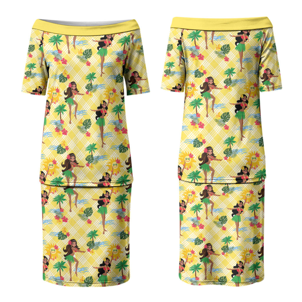 Hawaii Hula Girl Tropical Family Matching Puletasi and Hawaiian Shirt Yellow Palaka LT01 Mom's Dress Yellow - Polynesian Pride
