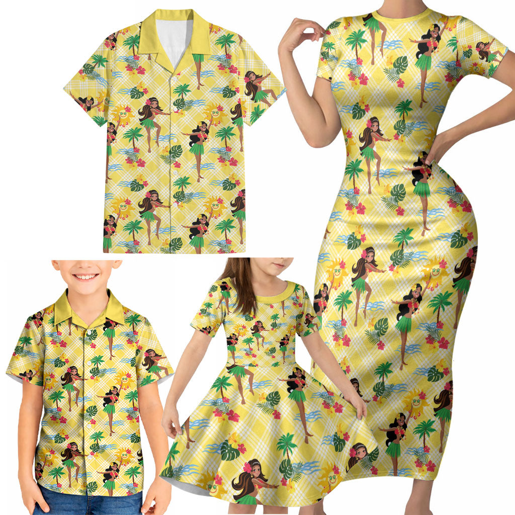Hawaii Hula Girl Tropical Family Matching Short Sleeve Bodycon Dress and Hawaiian Shirt Yellow Palaka LT01 - Polynesian Pride