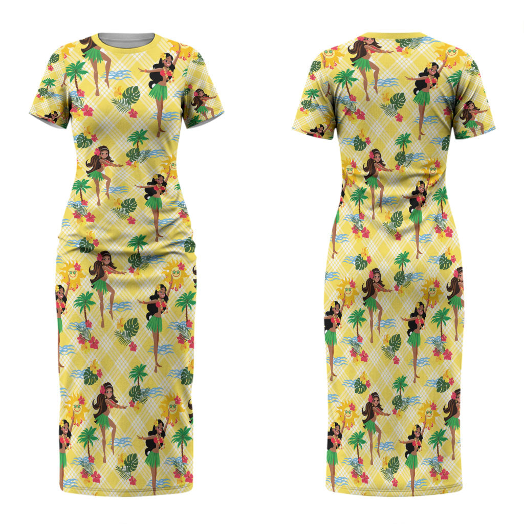 Hawaii Hula Girl Tropical Family Matching Short Sleeve Bodycon Dress and Hawaiian Shirt Yellow Palaka LT01 Mom's Dress Yellow - Polynesian Pride