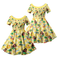 Hawaii Hula Girl Tropical Family Matching Short Sleeve Bodycon Dress and Hawaiian Shirt Yellow Palaka LT01 Daughter's Dress Yellow - Polynesian Pride