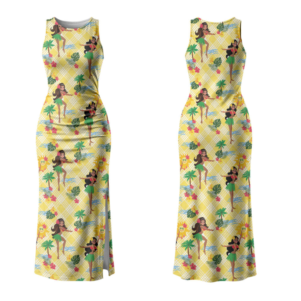 Hawaii Hula Girl Tropical Family Matching Tank Maxi Dress and Hawaiian Shirt Yellow Palaka LT01 Mom's Dress Yellow - Polynesian Pride