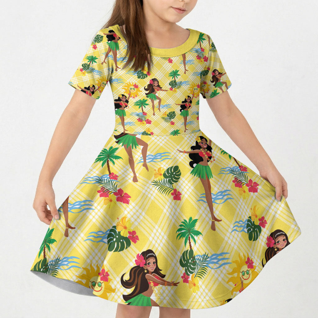 Hawaii Hula Girl Tropical Kid Short Sleeve Dress Yellow Palaka