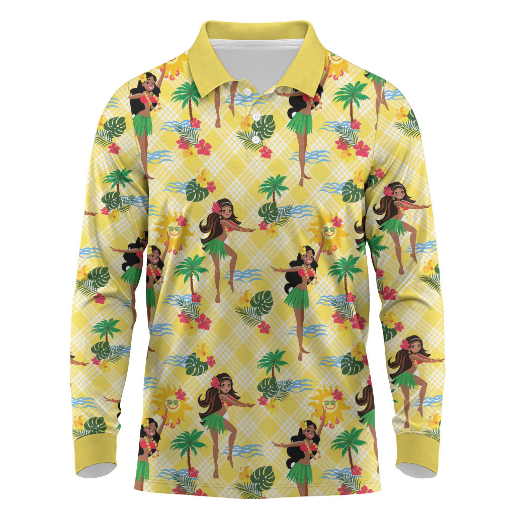 Hawaii Hula Girl Tropical Long Sleeve Polo Shirt Yellow Palaka
