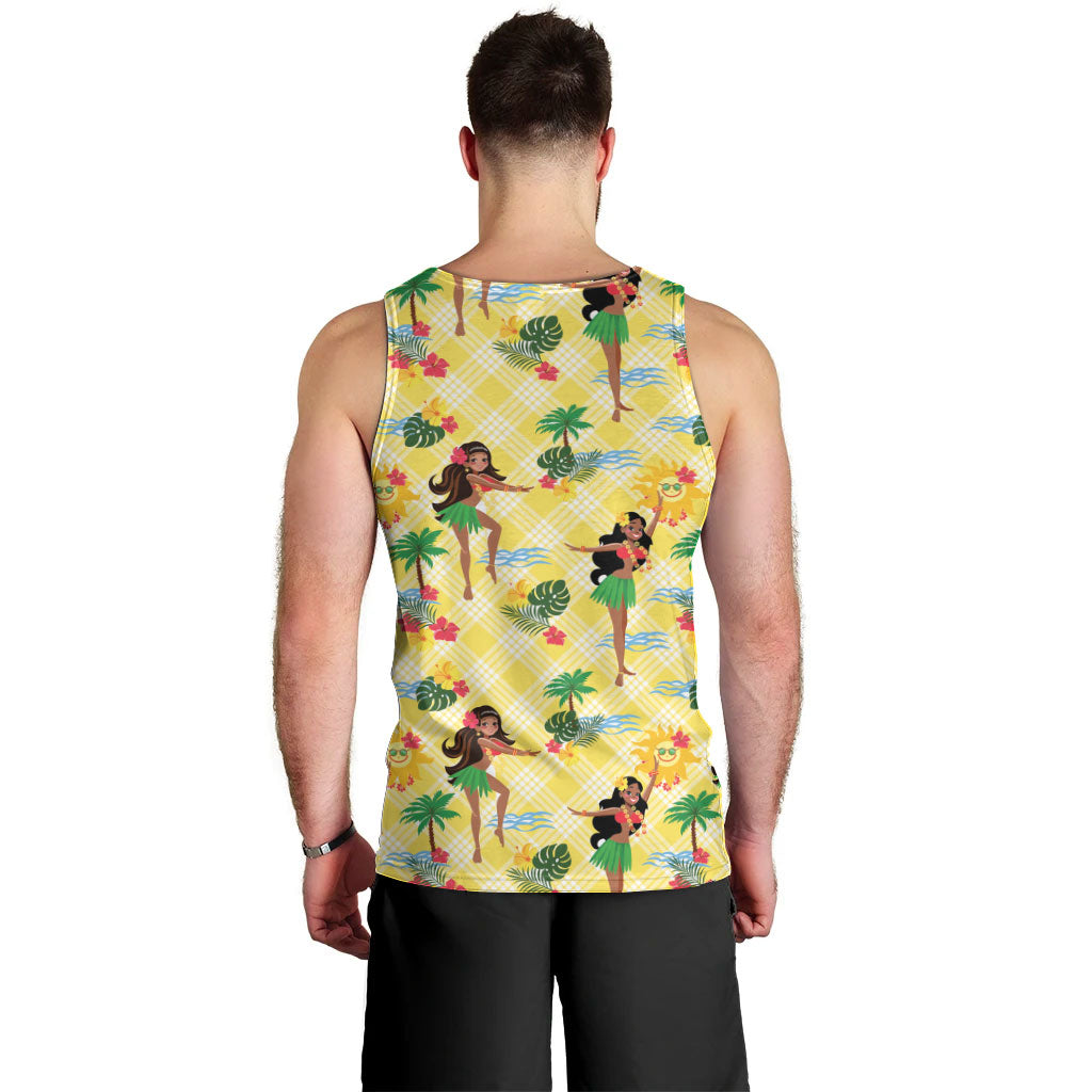 Hawaii Hula Girl Tropical Men Tank Top Yellow Palaka