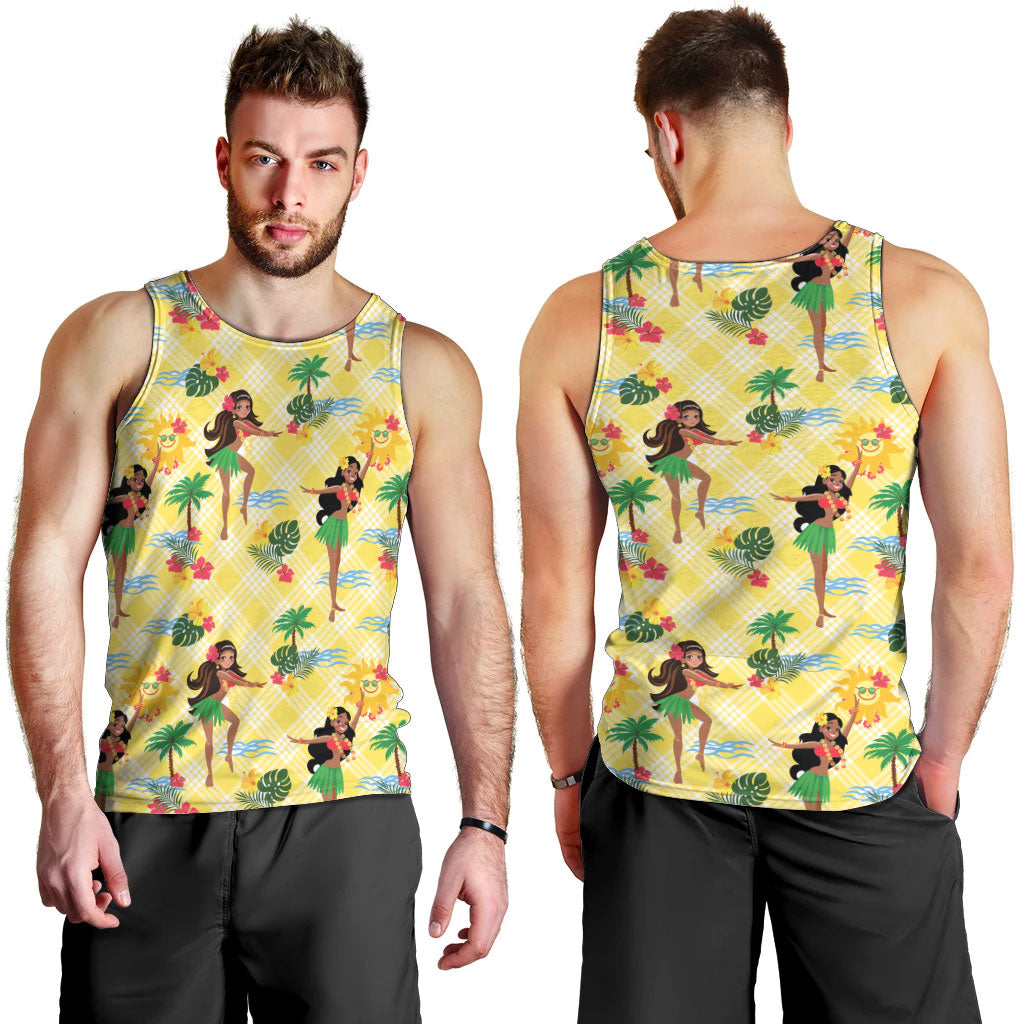 Hawaii Hula Girl Tropical Men Tank Top Yellow Palaka