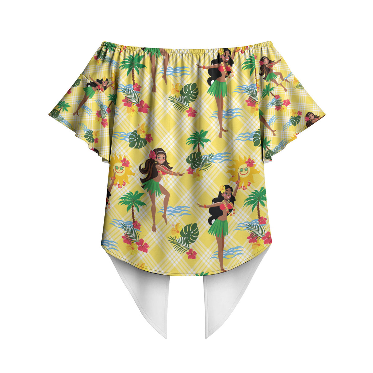 Hawaii Hula Girl Tropical Off Shoulder Wrap Waist Top Yellow Palaka LT01 - Polynesian Pride