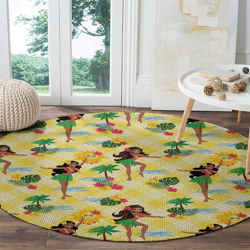 Hawaii Hula Girl Tropical Round Carpet Yellow Palaka