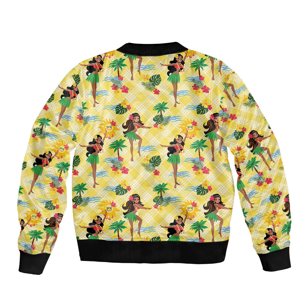 Hawaii Hula Girl Tropical Sleeve Zip Bomber Jacket Yellow Palaka