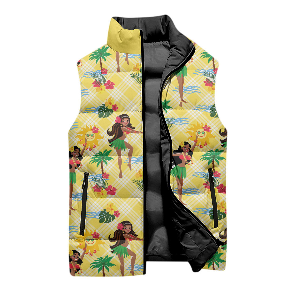 Hawaii Hula Girl Tropical Sleeveless Puffer Jacket Yellow Palaka
