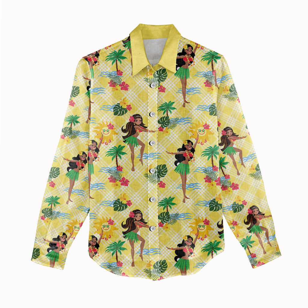 Hawaii Hula Girl Tropical Women Casual Shirt Yellow Palaka