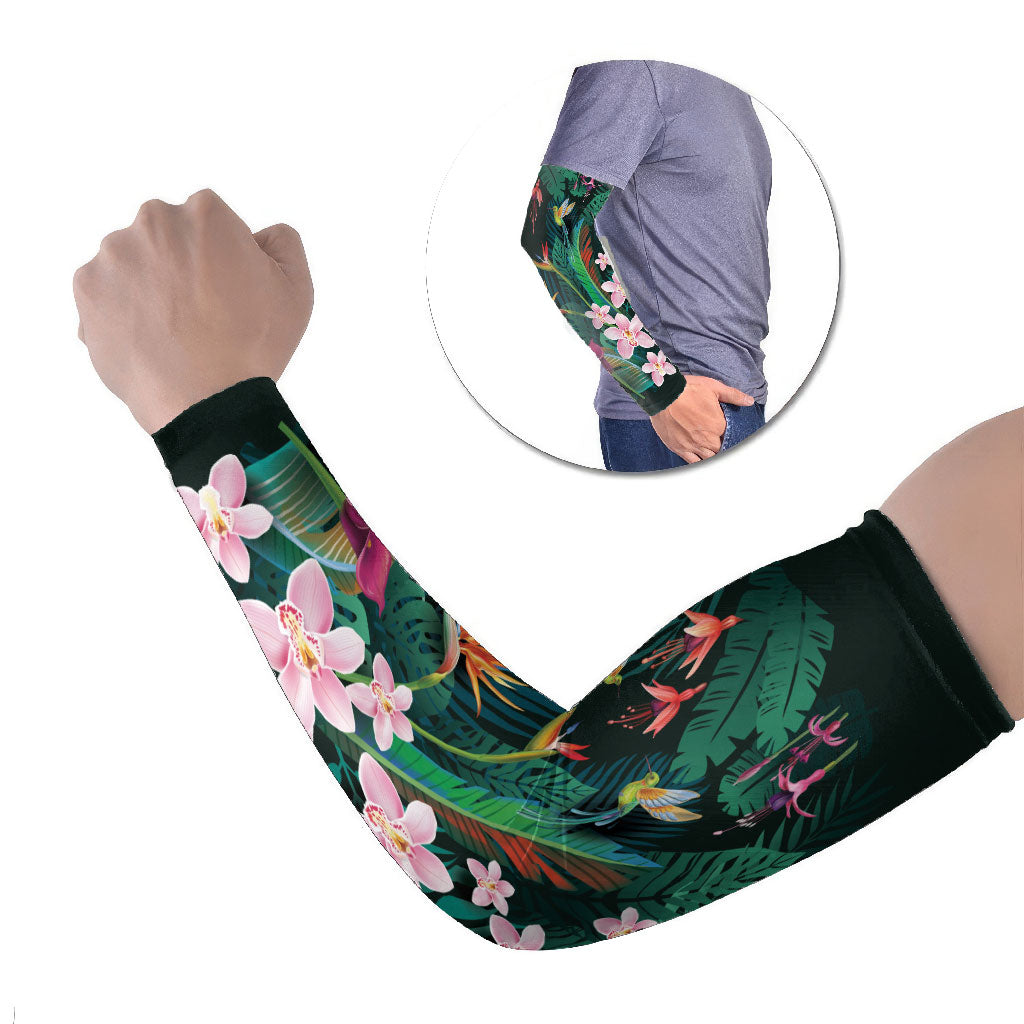 Hawaii Hummingbird Tropical Flowers Arm Sleeves Dark Green