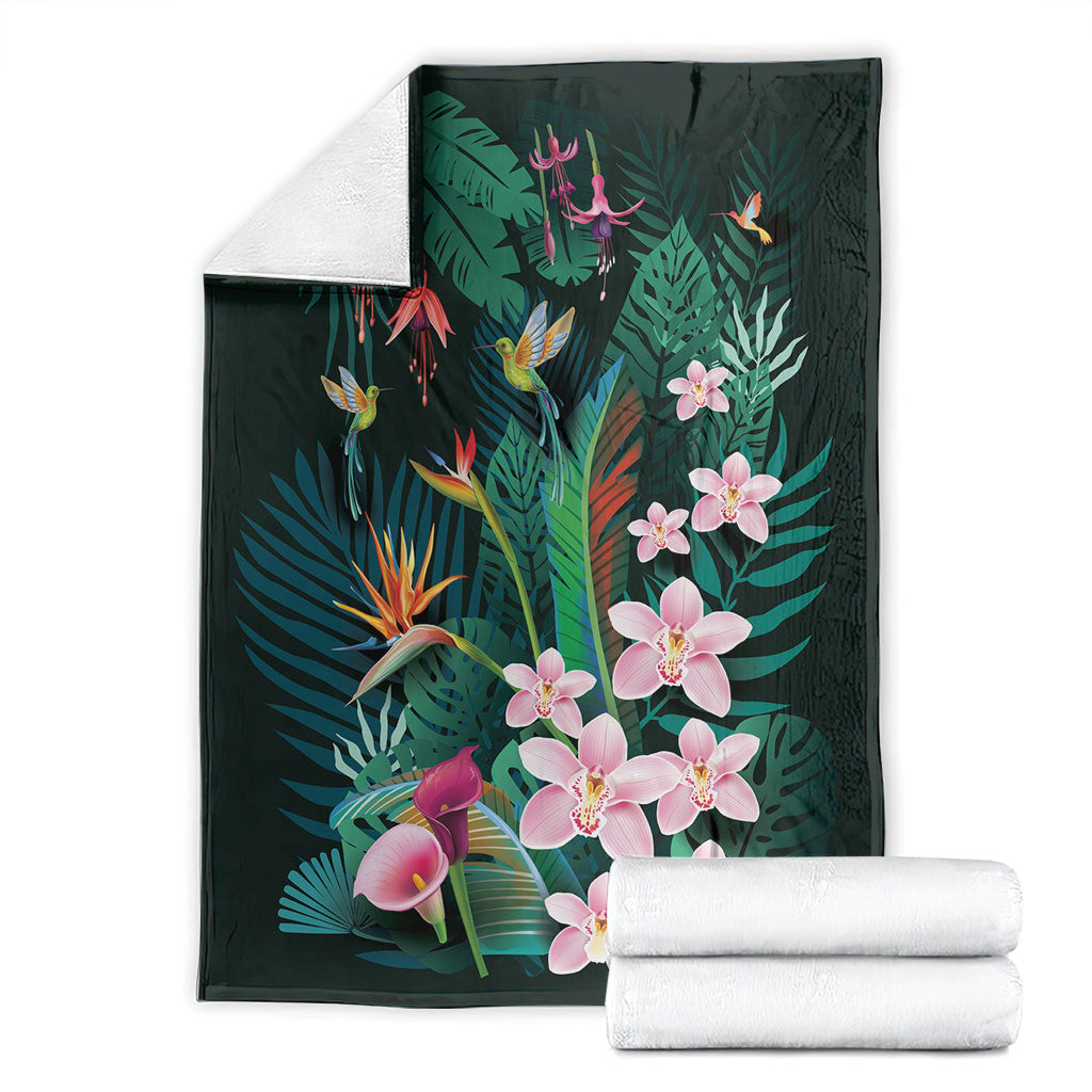 Hawaii Hummingbird Tropical Flowers Blanket Dark Green