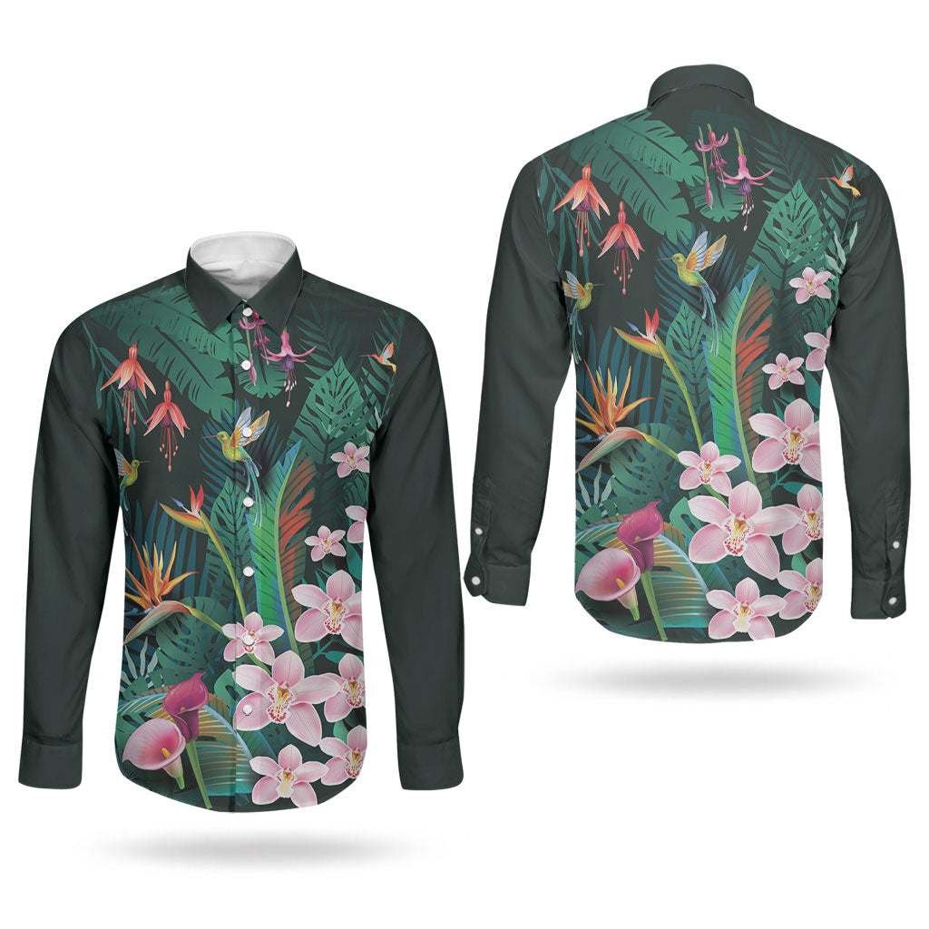 Hawaii Hummingbird Tropical Flowers Couples Matching Long Sleeve Bodycon Dress and Long Sleeve Button Shirt Dark Green