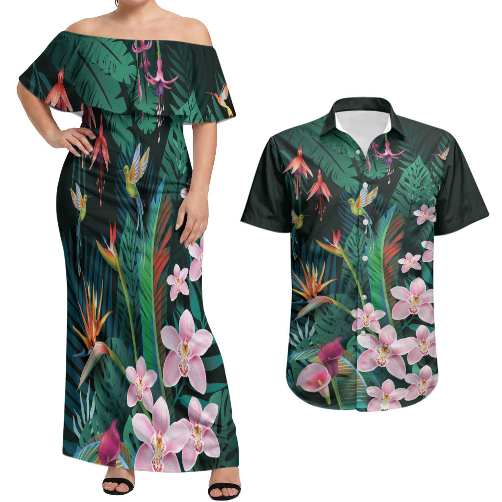 Hawaii Hummingbird Tropical Flowers Couples Matching Off Shoulder Maxi Dress and Hawaiian Shirt Dark Green