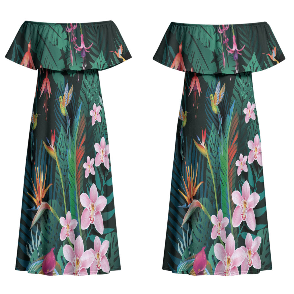 Hawaii Hummingbird Tropical Flowers Couples Matching Off Shoulder Maxi Dress and Hawaiian Shirt Dark Green